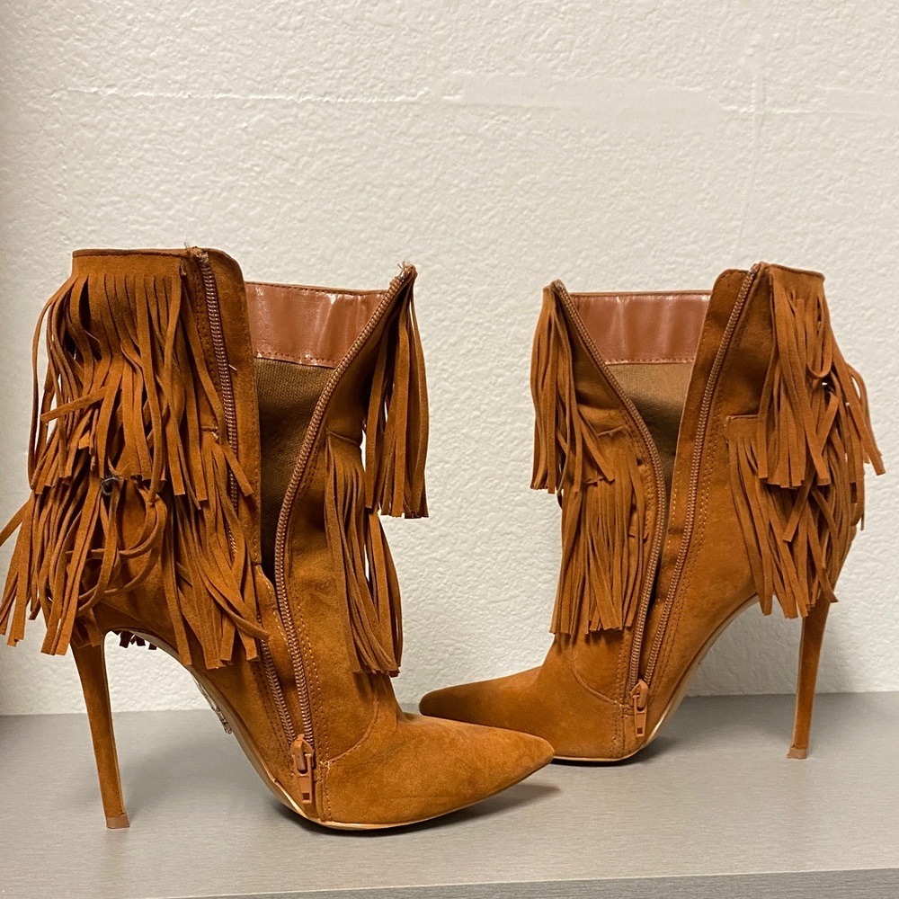 Fringed Tan High Heel Boots - Picture 3 of 4